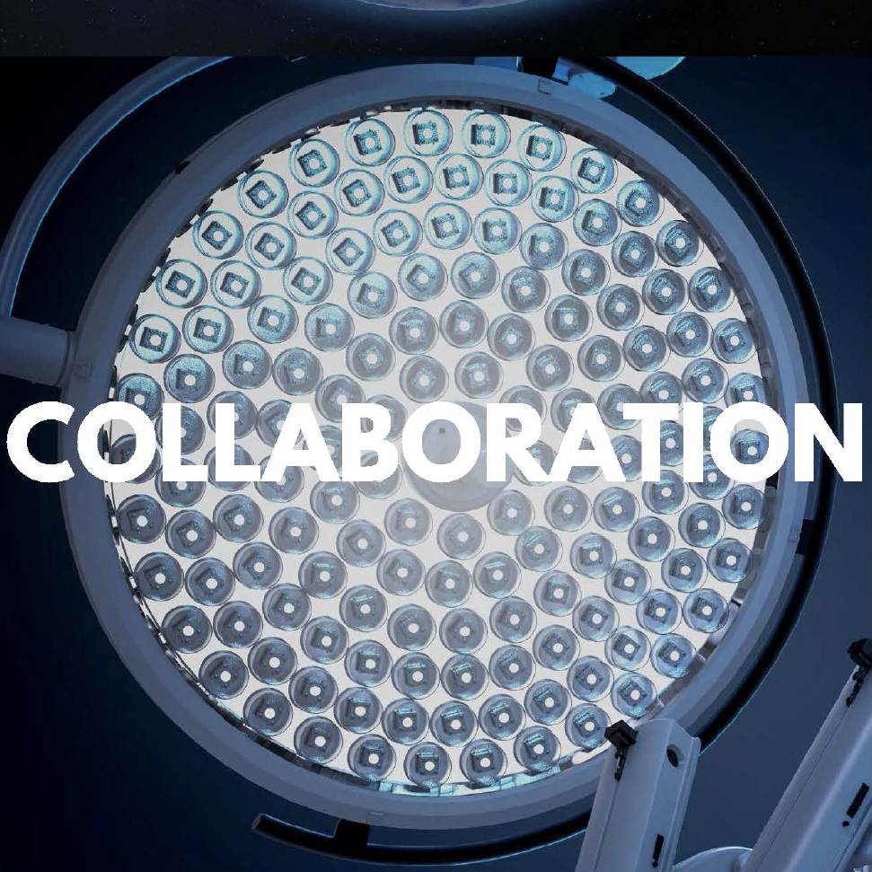 Close-up image of operating table light with the word Collaboration overlaid