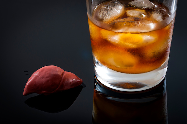 glass of alcohol next to a representation of a human liver
