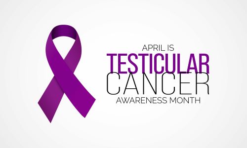 white background with text reading April is Testicular Cancer Awareness Month and a purple awareness ribbon