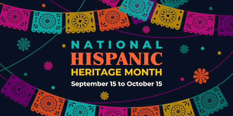 black background with colored flags and starbursts reading national Hispanic heritage month text