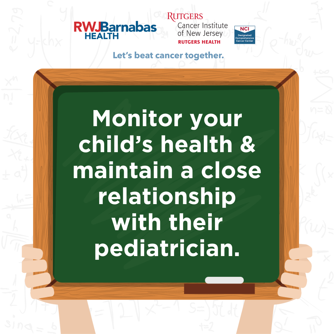 graphic of hands holding a chalkboard that reads monitor your child's health and maintain a close relationship with their pediatrician