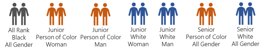 7 pairs of stick figure people in a row illustrating participant groups. in order from left to right the pairs illustrate all rank black all gender, junior person of color woman, junior person of color man, junior white woman, junior white man, senior person of color all gender, senior white all gender