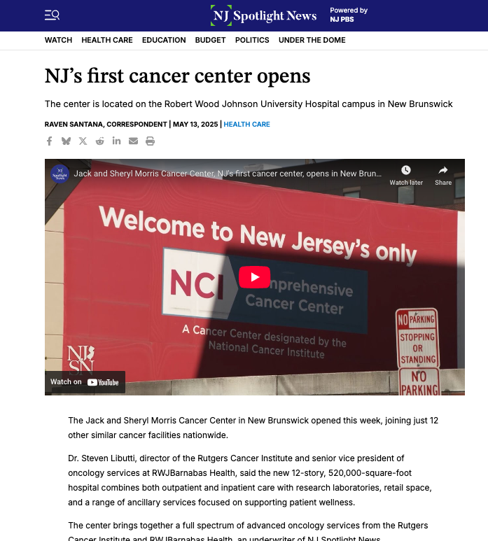 Screencap of NJ Spotlight Article on the Jack & Sheryl Morris Cancer Center