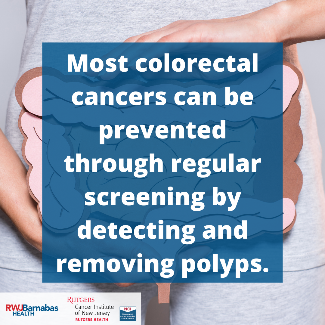 graphic with text reading most colorectal cancers can be prevented through regular screening and detecting and removing polyps