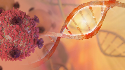 illustration of DNA helix and cancer cell