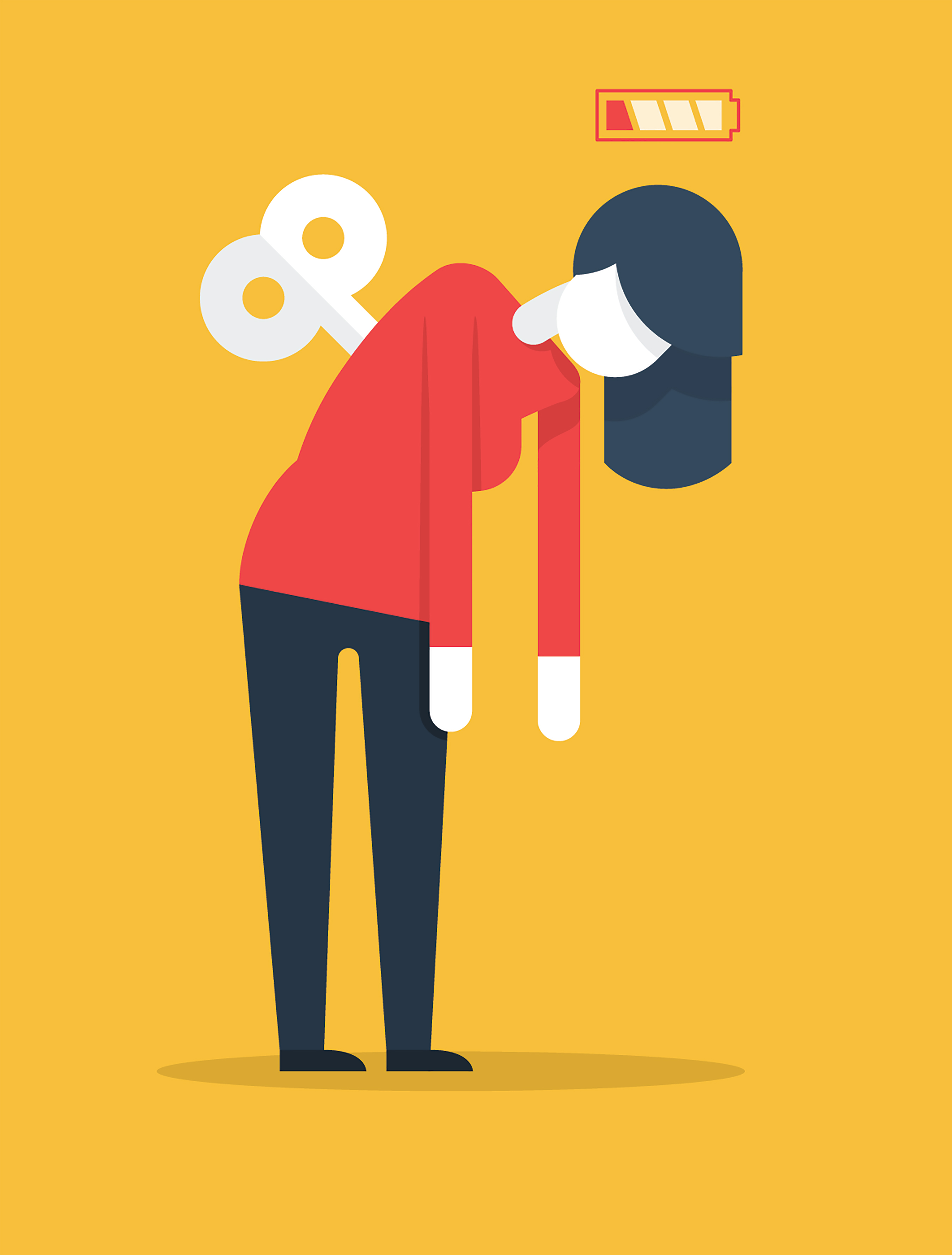 illustration of a woman as a wind-up doll on a yellow background