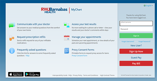 screenshot of MyChart login page