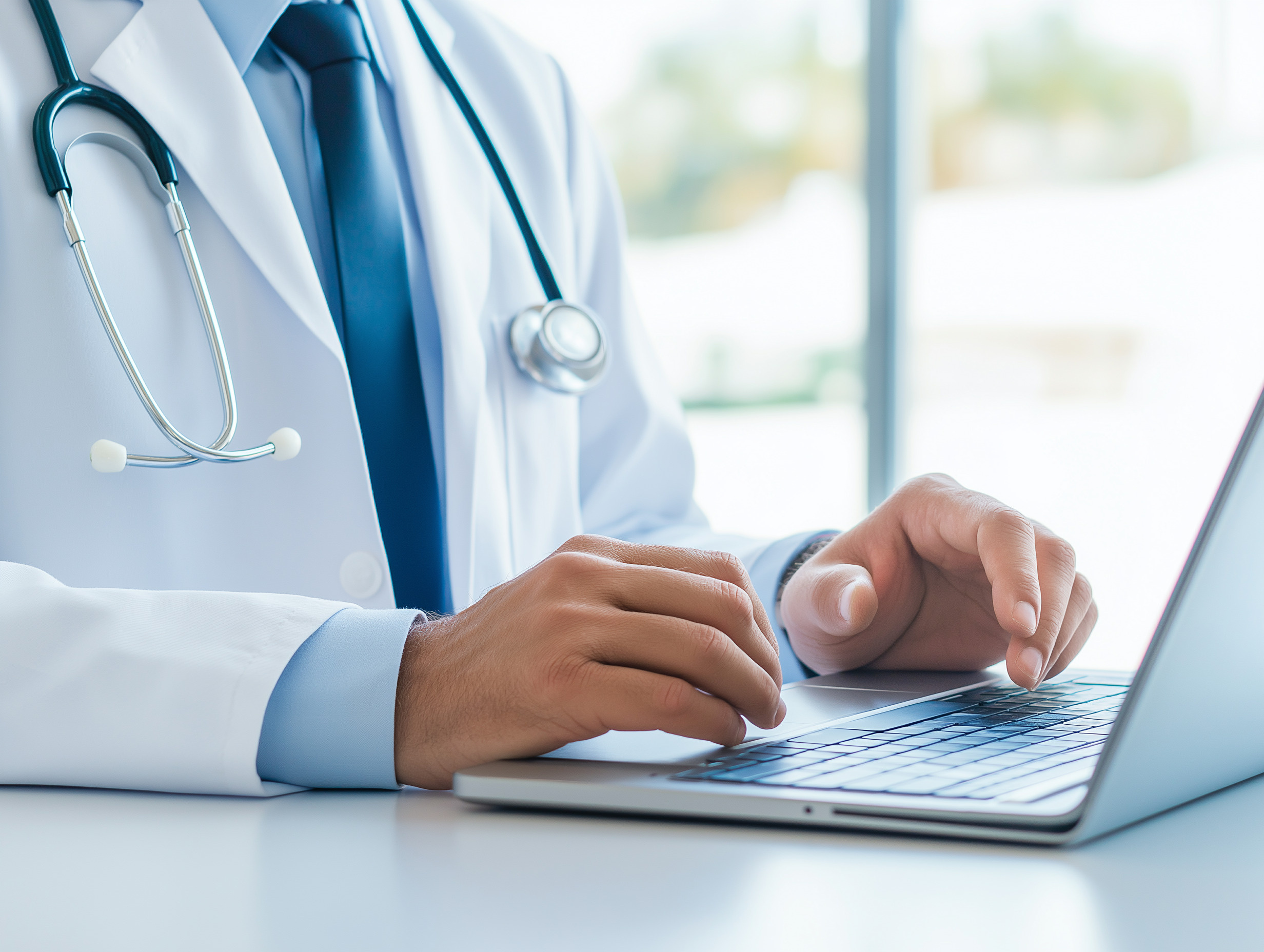 Doctor wears stethoscope around his neck while typing on laptop computer